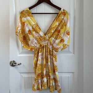 Tropical Print V-Neck Blouse - Yellow and White